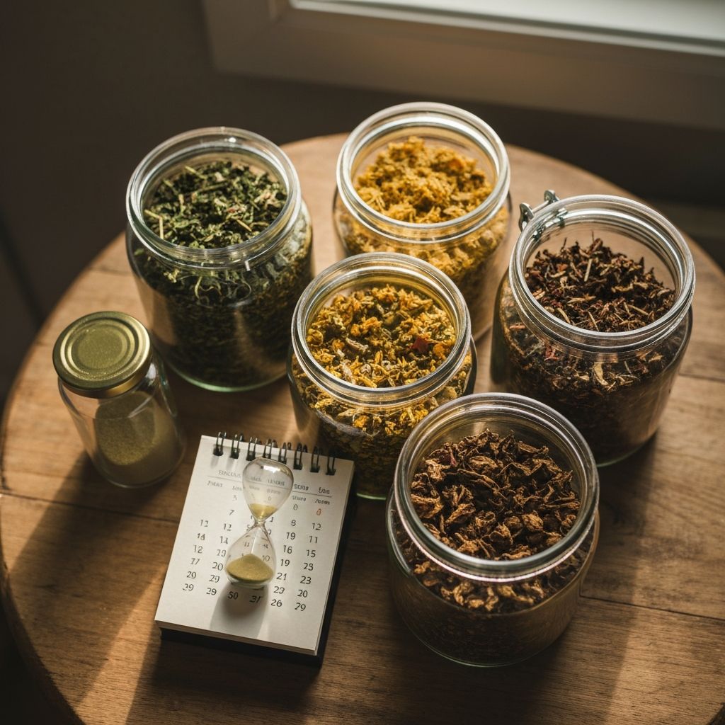 Staklene tegle sa čajevima različite svježine pored kalendara i pješčanog sata na drvenom stolu