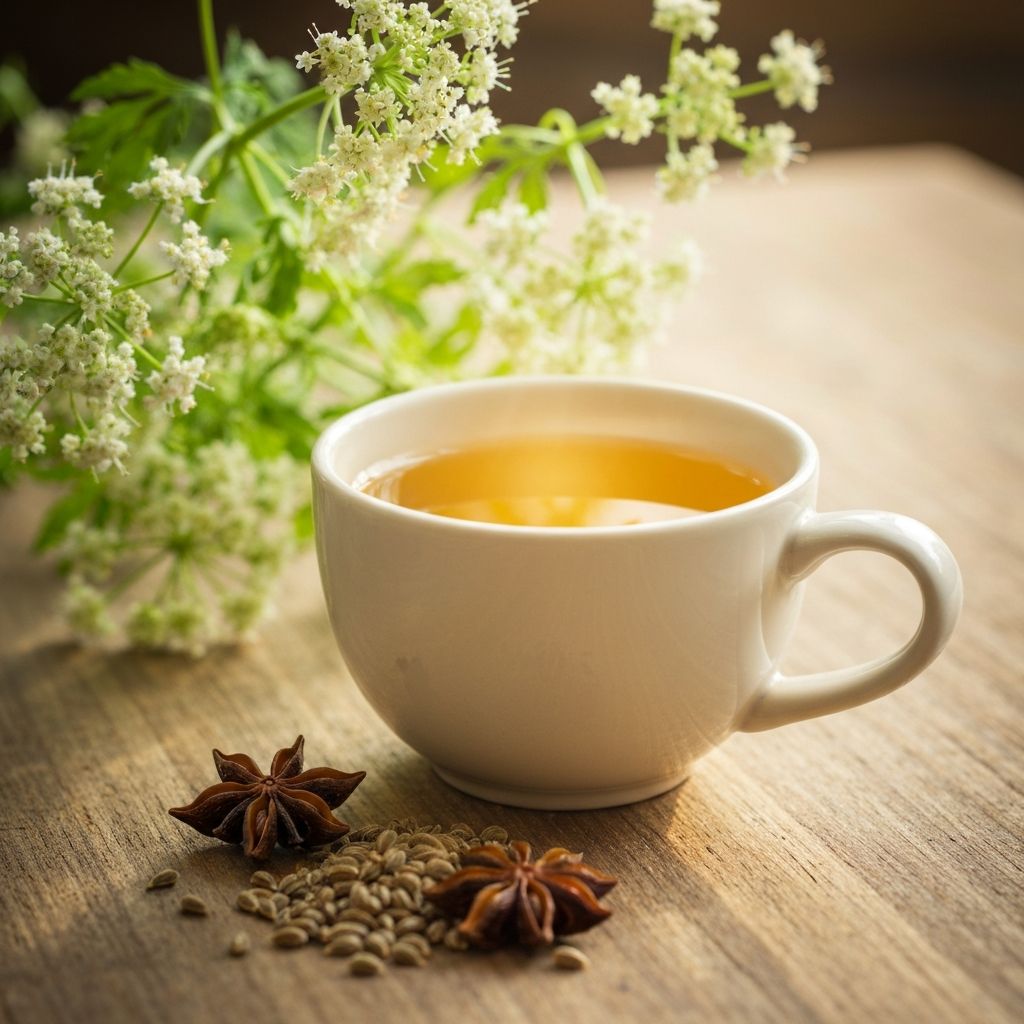 Šolja zlatnog čaja od anisa sa sjemenkama anisa na drvenom stolu