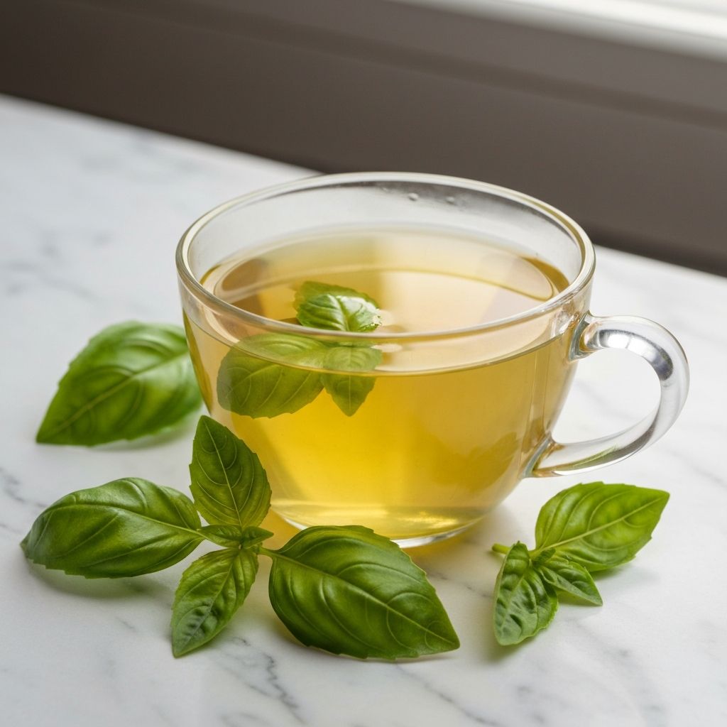 Šolja čaja od bosiljka sa svježim zelenim listovima bosiljka na mramornom stolu