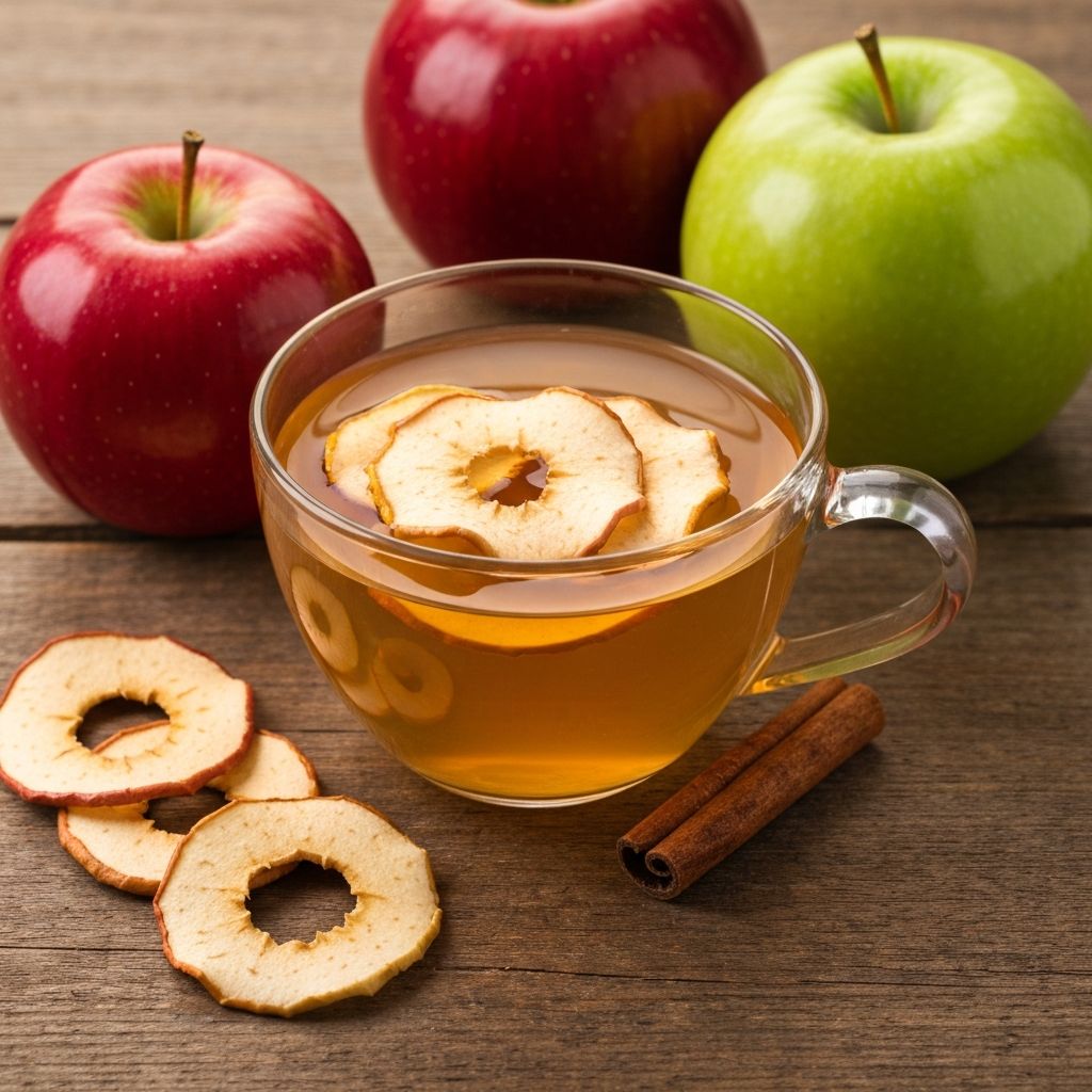 Staklena šolja zlatnog čaja od jabuke sa sušenim krišcima jabuke i svježim jabukama na drvenom stolu