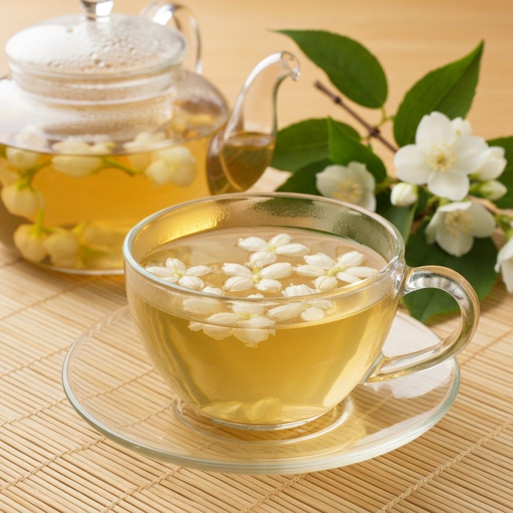 Staklena šolja zlatnog čaja od jasmina sa bijelim cvjetovima jasmina na bambusovoj podlozi