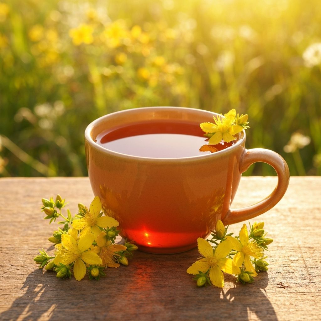 Šolja crvenkasto-jantarnog čaja od kantariona sa svježim žutim cvjetovima gospine trave