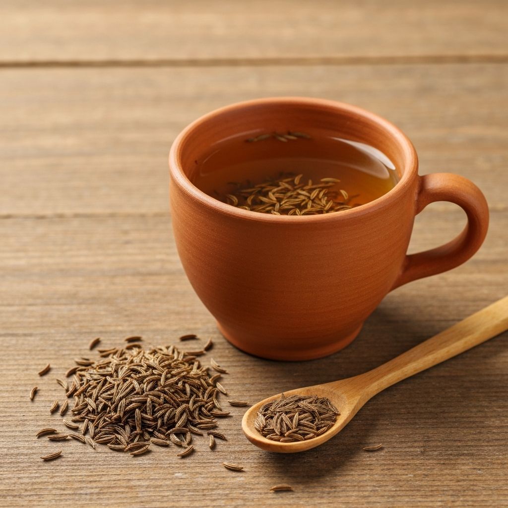 Šolja jantarno-zlatnog čaja od kima sa sjemenkama kima i hljebom na drvenom stolu