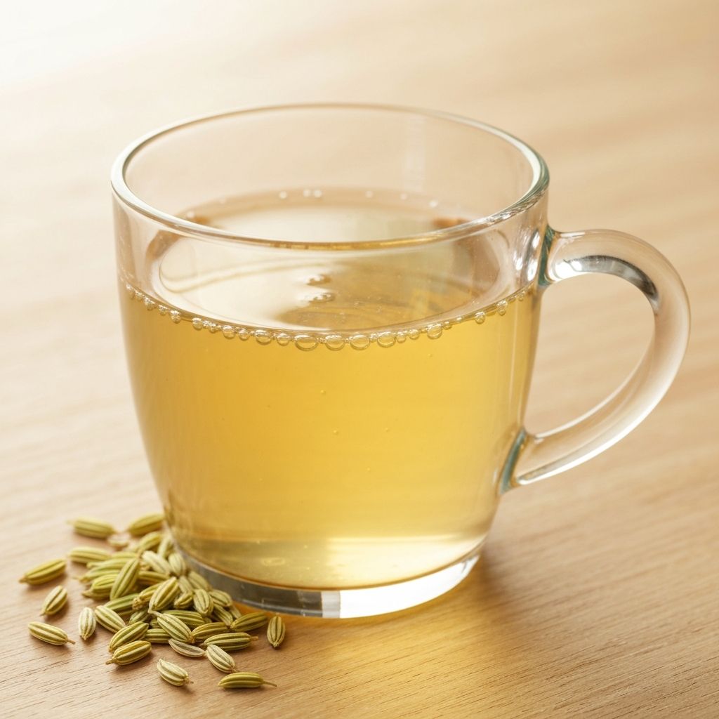 Staklena šolja čaja od komorača sa sjemenkama komorača na drvenom stolu