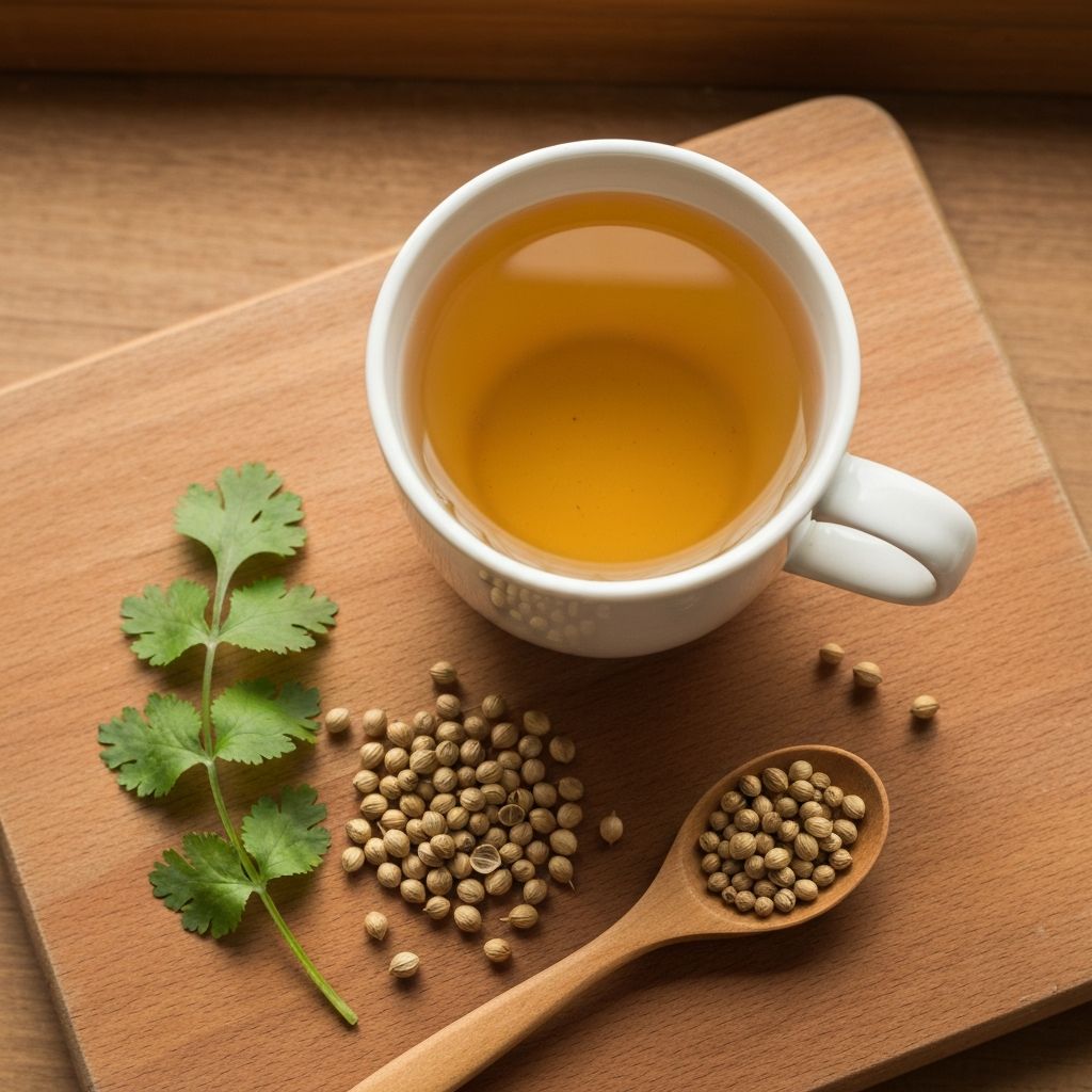 Šolja zlatnog čaja od korijandera sa okruglim sjemenkama korijandera i svježim listovima na drvenom stolu