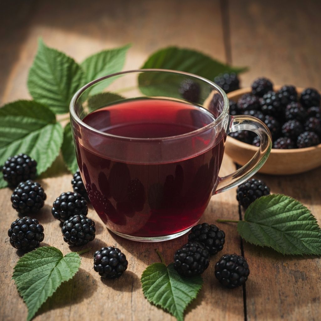 Staklena šolja tamno ljubičasto-crvenog čaja od kupine sa svježim kupinama i listovima na drvenom stolu