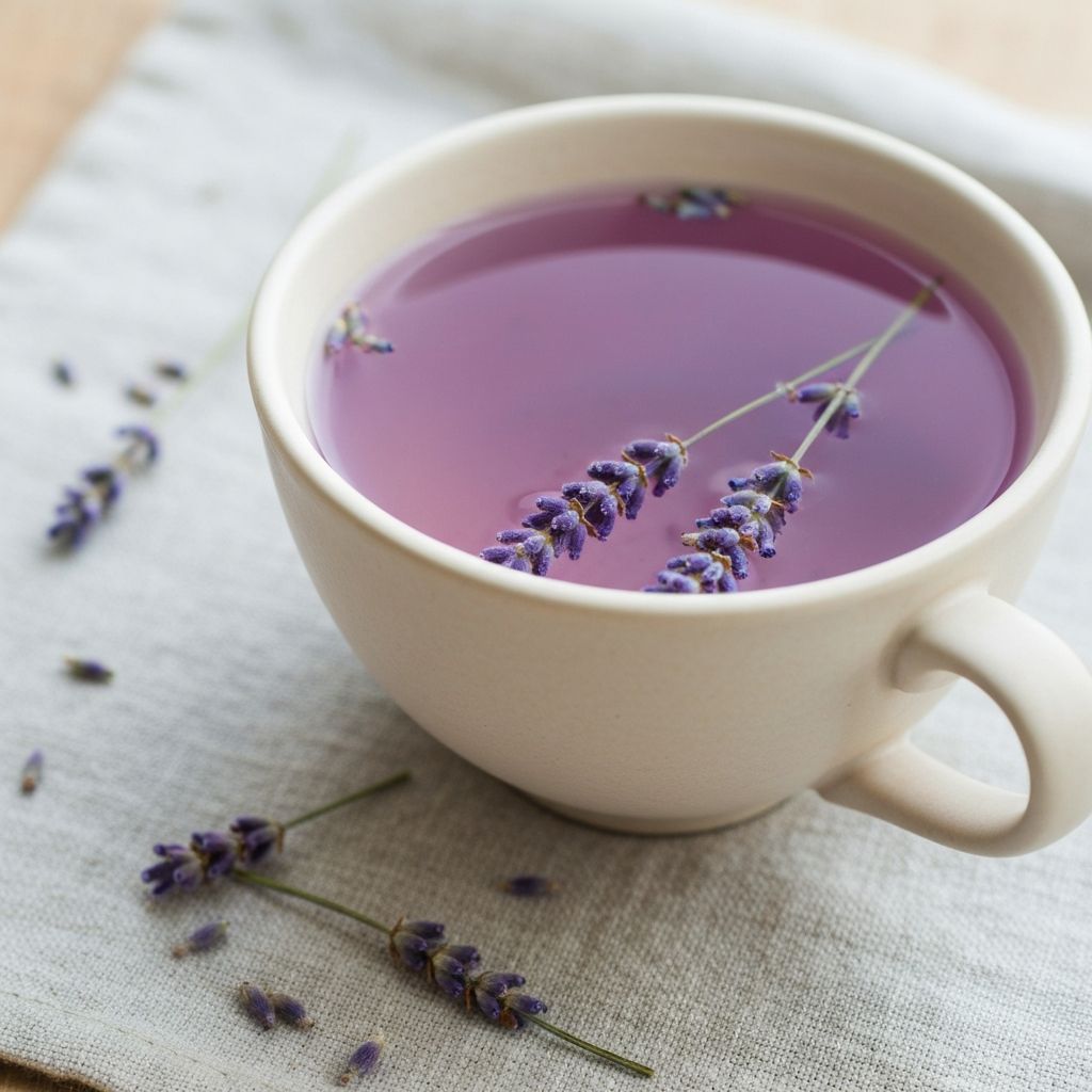 Šolja čaja od lavande sa sušenim ljubičastim grančicama lavande na lanenoj tkanini