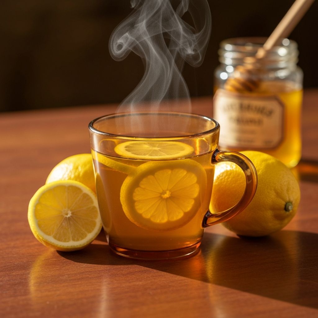 Staklena šolja zlatnog čaja od limuna sa svježim kriškama limuna i medom na drvenom stolu