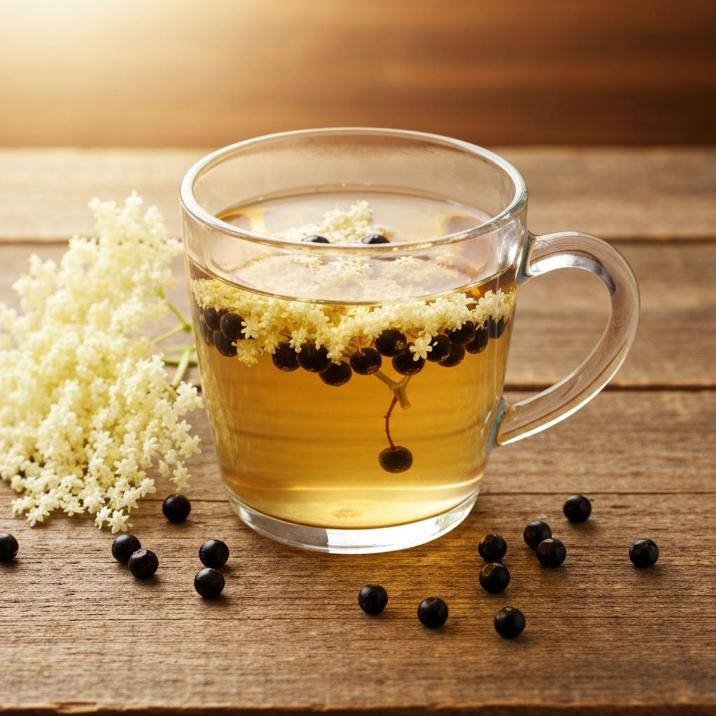 Šolja čaja od rujevine sa sušenim cvjetovima bazge i tamnim bobicama