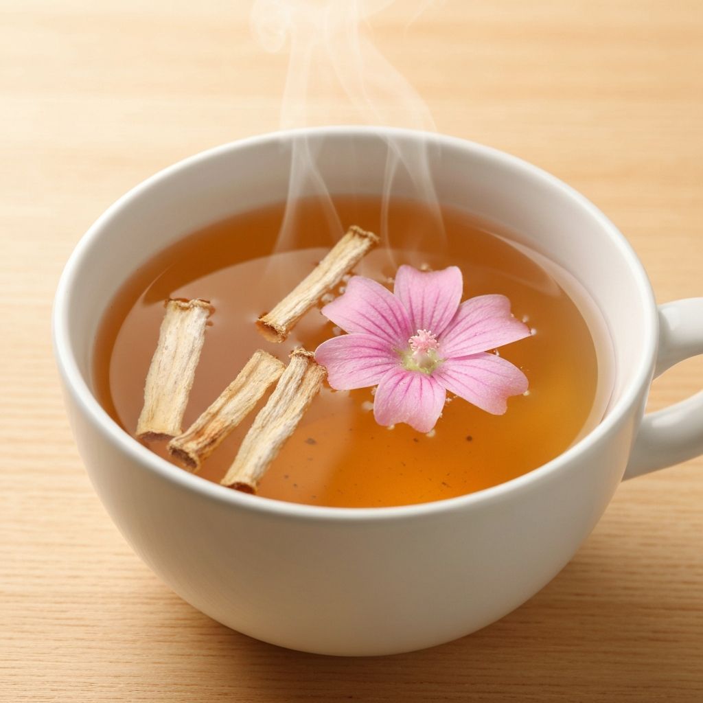 Šolja čaja od šljeza sa sušenim korijenom šljeza i ružičastim cvijetom na drvenom stolu