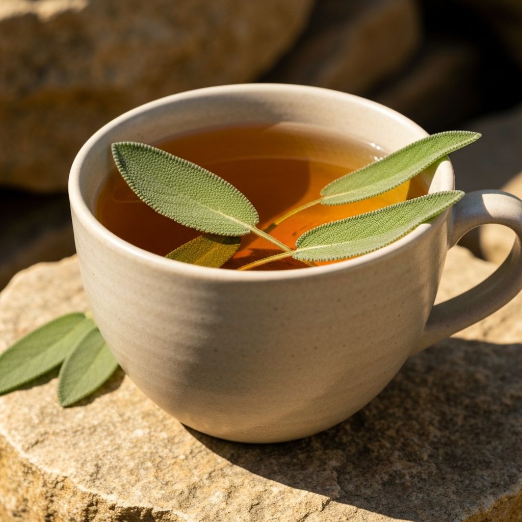 Šolja čaja od žalfije sa svježim srebrno-zelenim listovima žalfije