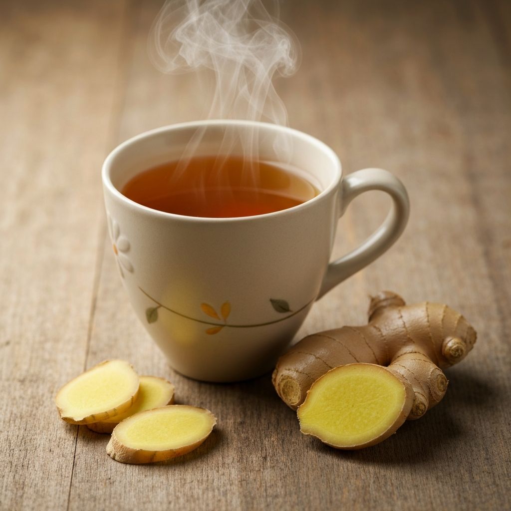 Solja caja od djumbira sa svjezim narezanim korijenom djumbira na drvenom stolu