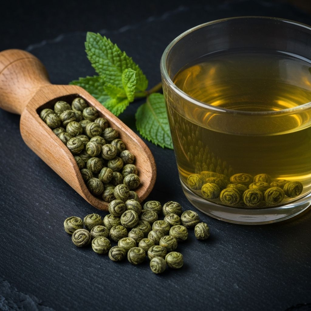 Čvrsto smotane kuglice gunpowder zelenog čaja na tamnoj podlozi sa šoljom kuhane zelene boje i listićima mente