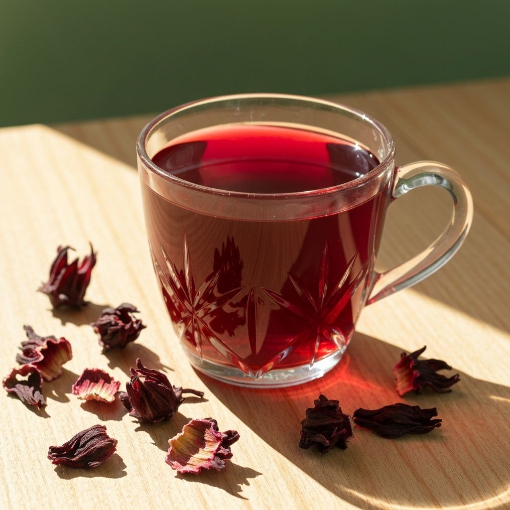 Staklena solja rubin crvenog caja od hibiskusa sa susenim cvjetovima hibiskusa