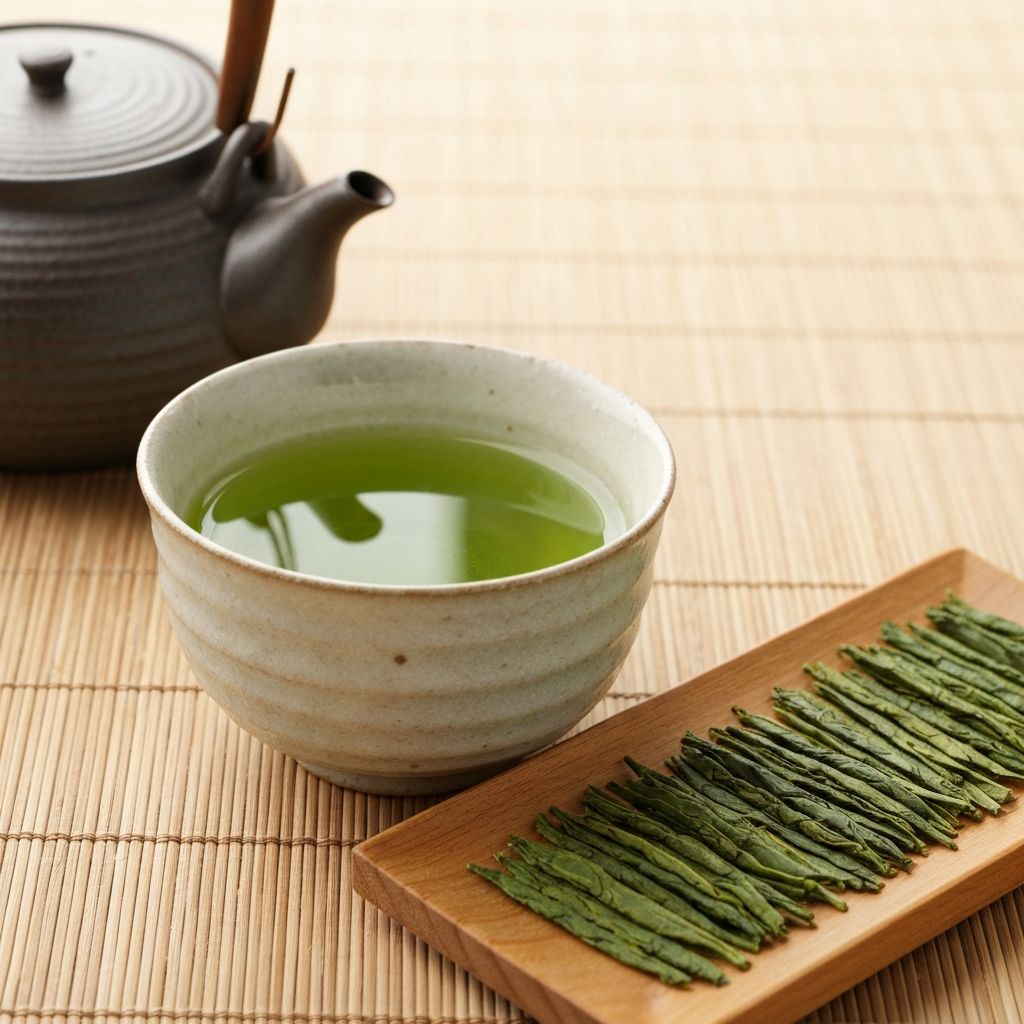 Japanska keramička šolja smaragdnozelenog sencha čaja sa sušenim listovima i kyusu čajnikom na bambusovoj podlozi