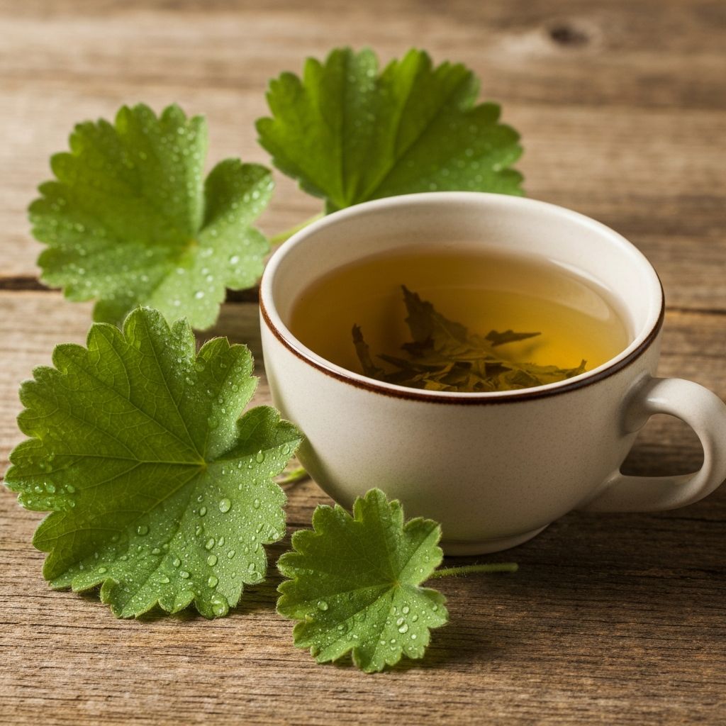 Šolja čaja od vrkute sa svježim listovima gospinog plašta sa kapljicama rose